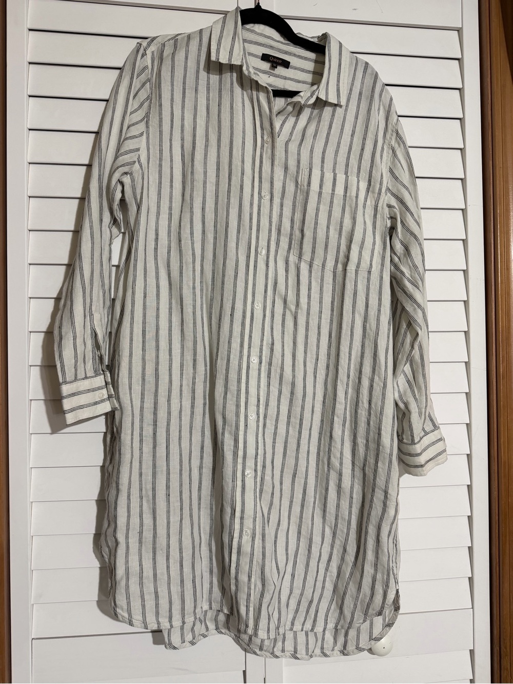 Quince Linen Button-Up Longline Stripe Shirt - White & Navy